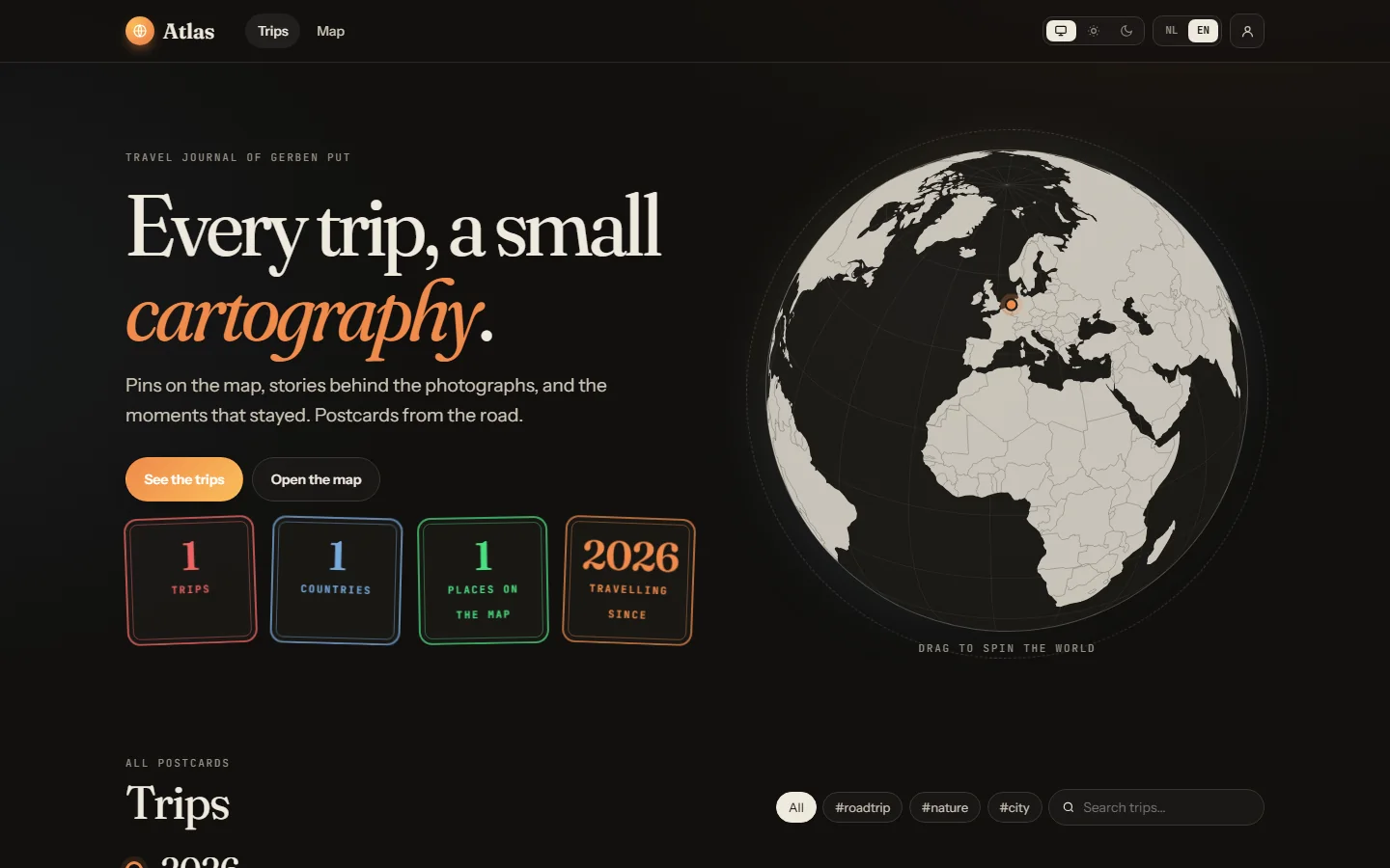 Atlas home page with globe and passport stamps